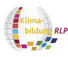 Logo &quot;Klimabildung RLP&quot; (Weltkugel in Kacheln, 17 farbige Kachel, Schriftzug)