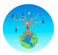 Illustration Weltkugel, auf der ein Baum steht, auf den Zweigen befinden sich Personen verschiedener Hautfarbe sowie in unterschiedlicher Bekleidung mit Bezug zu verschiedenen Kulturkreisen