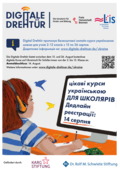 Flyer mit Inhalten der Meldung auf Deutsch und Ukrainisch, Zeichnung Kind vor Laptop, Logos