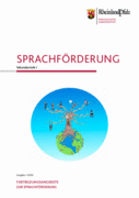 Titelbild Sprachförderbroschüre mit PL-Logo und Bild Erdkugel daraus erwachender Baum mit Ästen, auf denen Menschen abgebildet sind