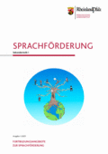 Titelbild Sprachförderbroschüre mit PL-Logo und Bild Erdkugel daraus erwachender Baum mit Ästen, auf denen Menschen abgebildet sind