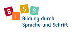 Logo BiSS - Buchstaben in 4 bunten Quadraten, Bildung durch Sprache und Schrift darunter